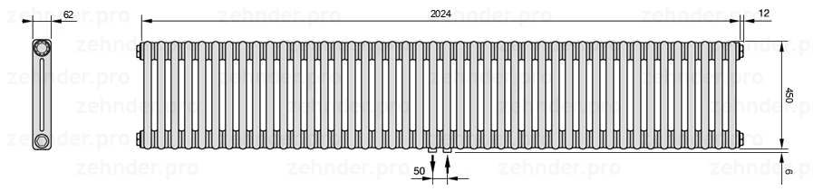 Схема (чертеж) Радиатор Zehnder Charleston 2045/44 №5410 Белый глянцевый RAL 9016